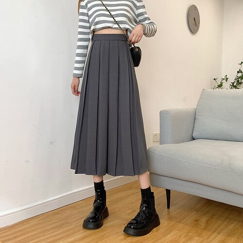Jupe plissée mi-longue pour femmes, printemps, automne et hiver, taille haute, ligne a, tendance: Gray / L