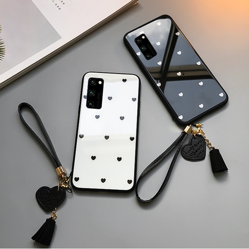 For Samsung Galaxy S20 Ultra Case & Free Strap Small Heart Glass Hard protection phone Cover For Samsung S20 Plus Ultra casing