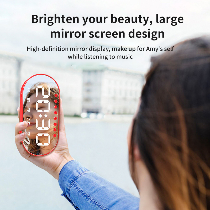Draadloze klok, luidspreker, spiegel, led, dubbele wekker, bluetooth basluidspreker, usb, tf, aux, fm-radio, ingebouwde microfoon, luidspreker