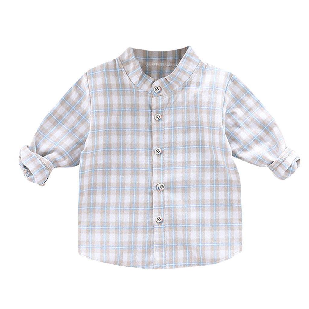 Zomer Kids Peuter Baby Jongens Shirt Lange Mouw Plaid Knappe Katoen Tops Baby Boy Kleding: Gray / 90