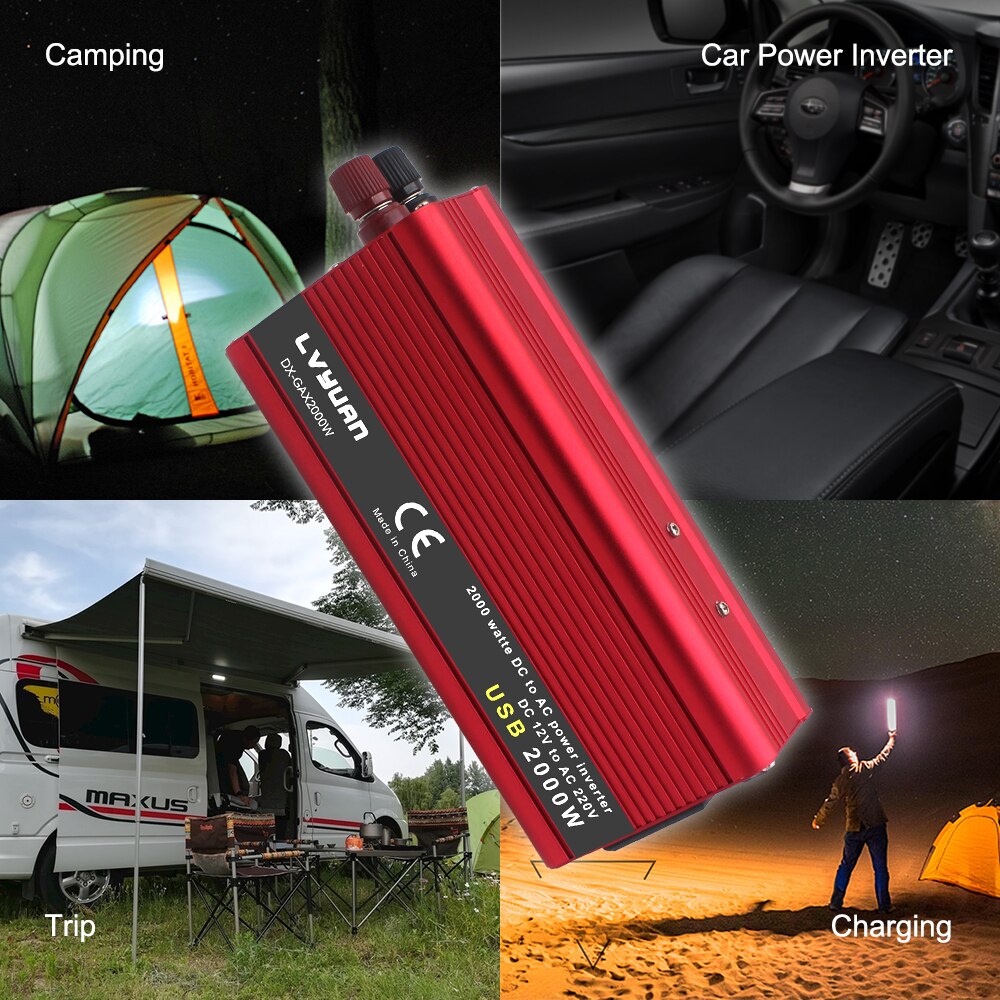 Portable Car Inverter 1500W 2000W DC 12V to AC 220V Volt Power Charger Converter 2USB Adapter Transformer Auto Accessories Solar