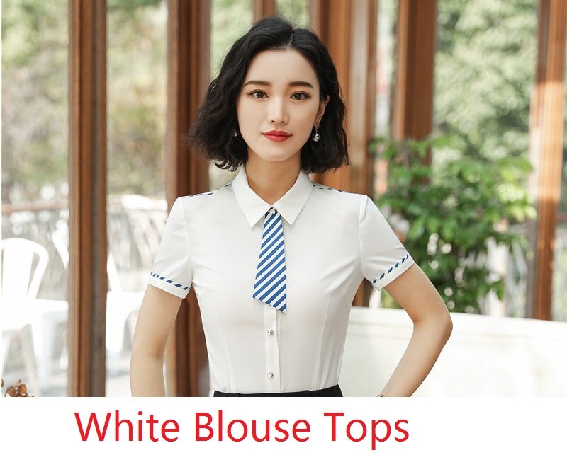 Stijlen Mode Elegante Korte Mouwen Blouses & Shirts Voor Vrouwen Business Werkkleding Blouse Vrouwelijke Tops Kleding Met tie: S