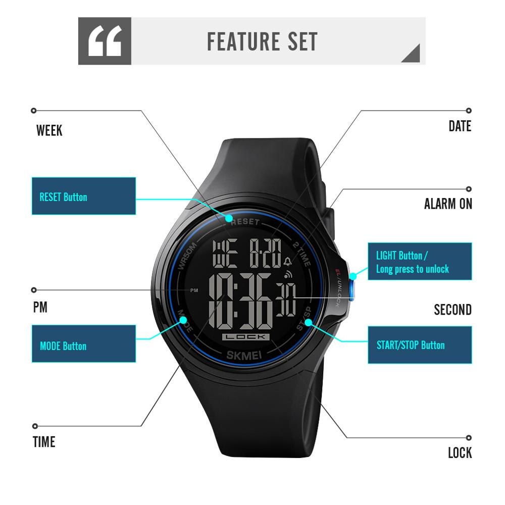 SKMEI Touch Screen Digital Men Watch Waterproof LED Light Alarm Clock Fall-Resistant Sport Watches montre homme 1602