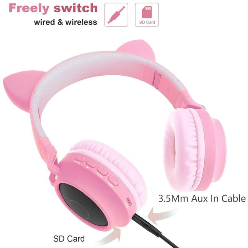 BT028C Bluetooth 5.0 casque sans fil pliable LED oreille Flash mignon rose écouteurs avec Microphone mains libres pour