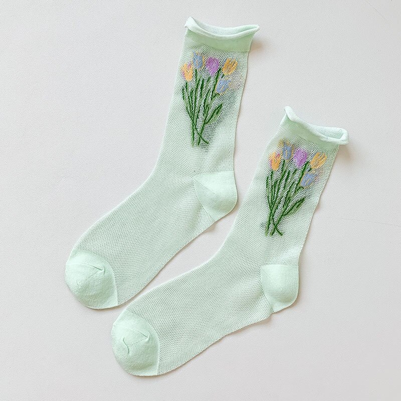 Produkt sommer gennemsigtige ultratynde korte sokker behagelige åndbare absorbere sved slik farve slik farve blomster kvinder: Grøn