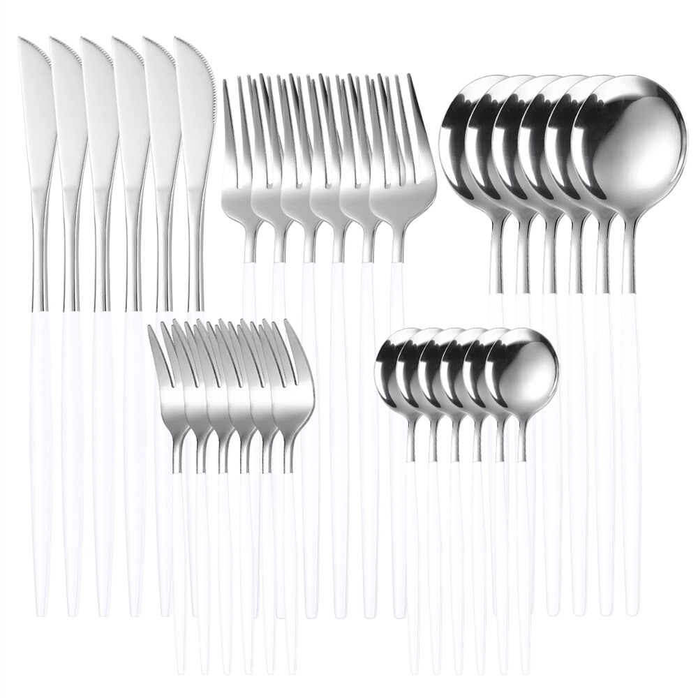Couverts en acier inoxydable, 30 pièces, service de table en or, vaisselle en acier inoxydable, fourchette en or, cuillère couteau, service d'argenterie de luxe pour Banquet: 30Pcs White Silver