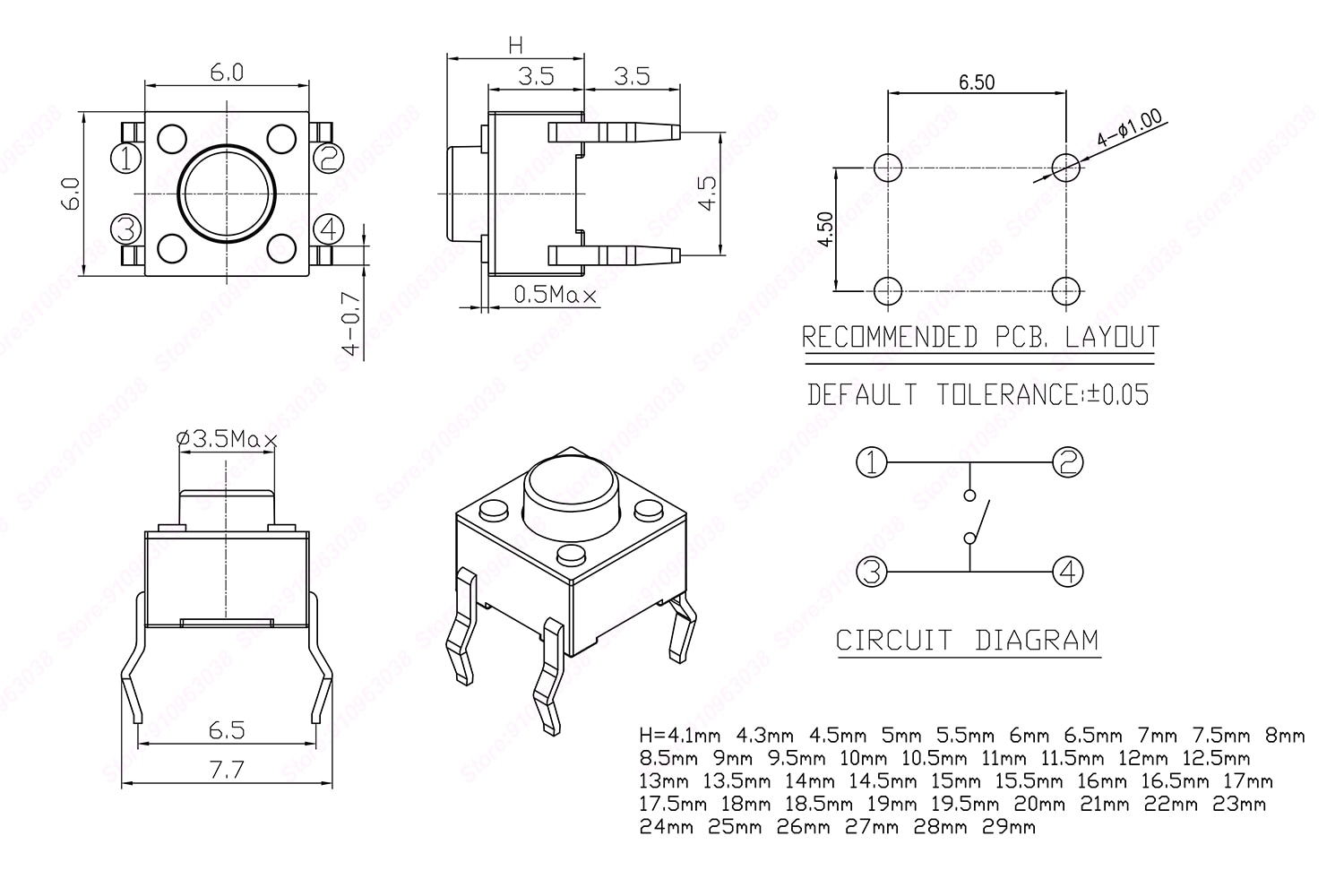 50PCS 6X6X5/4.3/5.5/6/7/8/9/10/13MM Tact Switch Push Button Switch 12V Copper 4PIN DIP Micro Switch For TV/Toys/home use Button