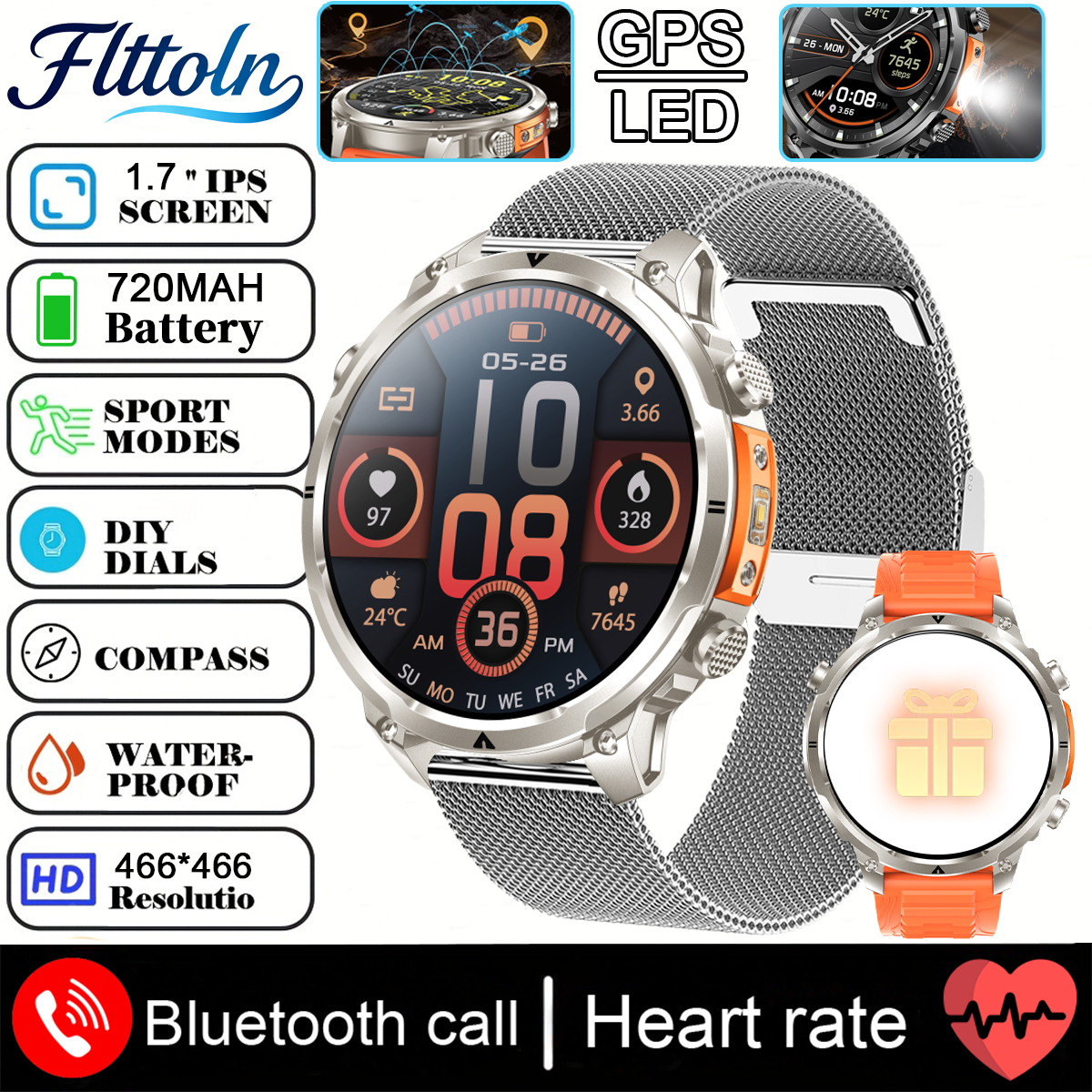 2025 Nuovo Militare GPS Astuto Della Vigilanza 3ATM Impermeabile 650mAh Batteria BT Chiamata Frequenza Cardiaca Pressione Sanguigna Sport tracker Smartwatch Da Uomo: Beige