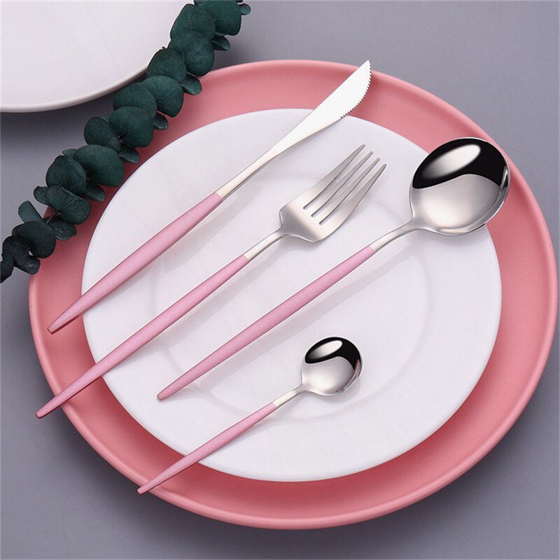 Pink Silver Dinnerware Set Stainless Steel Cutlery Kitchen Dinnerware Tableware Set Forks Western Knives Spoons Cutlery Set 20pc