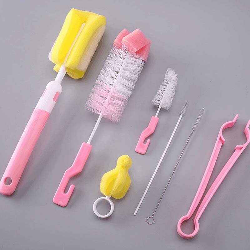 7 pièces/ensemble bouteille éponge nettoyage brosse outils ensemble de Durable pratique nettoyage brosse outil: Rose