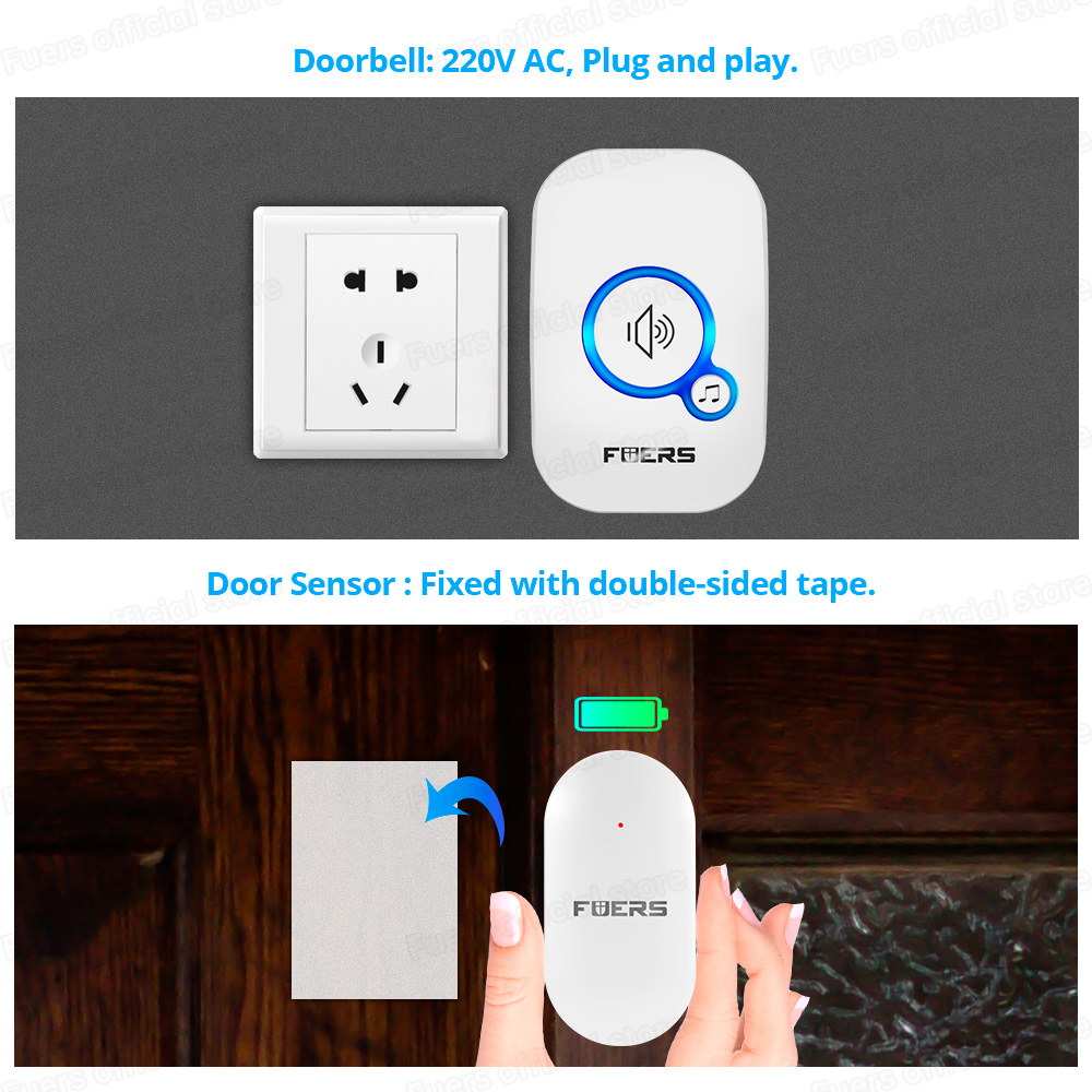 FUERS Drahtloser Türsensor, Alarm, Türklingeln, Glockenspiel, Heimsicherheit, Bewegungsmelder, Besucheralarm, Willkommensglockenspiel, Einbruchalarmsystem