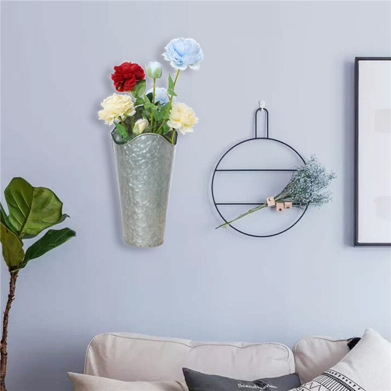 Wrought Iron Barrel Shaped Vase Wall Hanging Solid Color Empty Flower Pot for Home Decoration