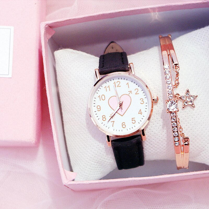 Cute Women Watches Casual Leather Strap Bracelet Lovely Girl Wrist Watch Pink Heart Shape Clocks Relogio Feminino
