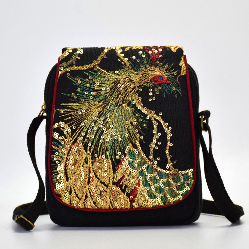 Nationale Stijl Borduurwerk Tas Voor Vrouwen China Geborduurd Canvas Schoudertas Schuin Kleine Tassen Pauw Phoenix Reizen Schoudertas: black