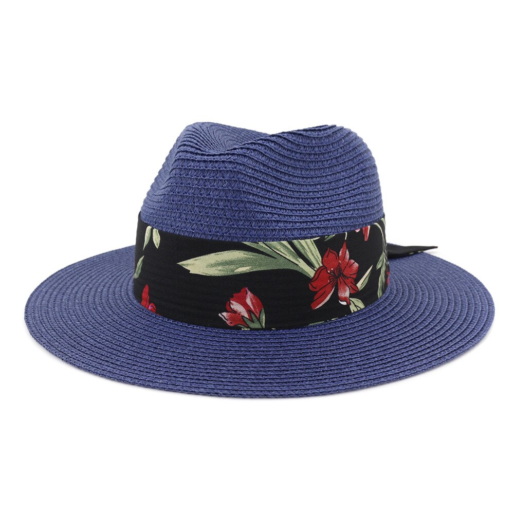 Dameshoed zomer brede rand strohoeden grote zonnehoeden uv-bescherming panama floppy strandhoeden dames strikhoed dames fedora's: Blauw