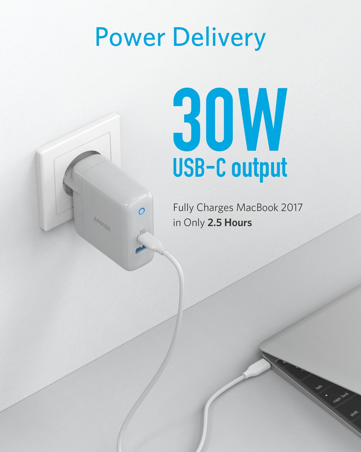 Chargeur USB C Anker, chargeur mural PowerPort Speed + Duo avec Port d'alimentation 30W pour iPhone,iPad Pro,MacBook,Galaxy et plus encore