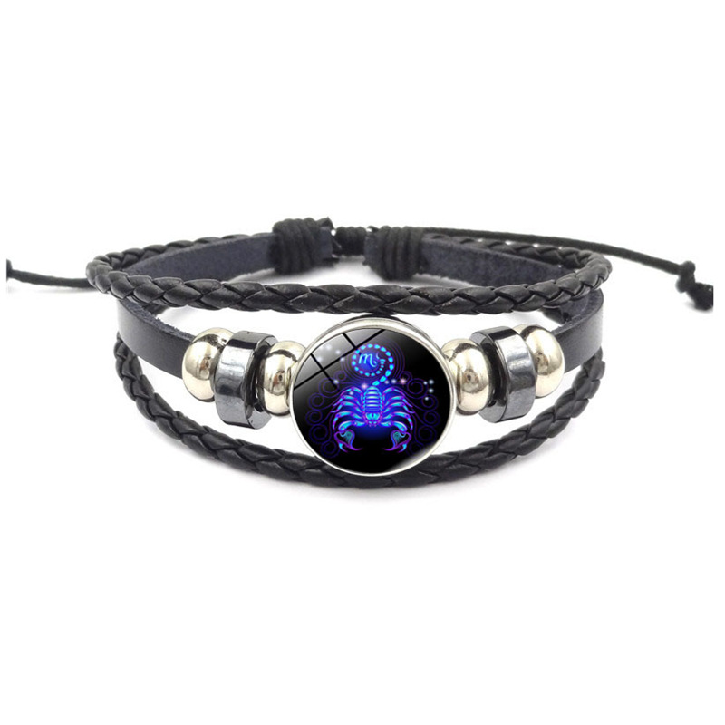 Horóscopo astrología 12 Zodiaco tejido luminoso cuero de vaca cielo estrellado pulsera hombres mujeres Acero inoxidable pulsera joyería: Scorpio