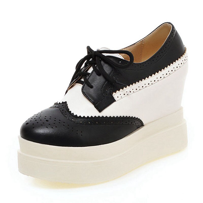Asileto brogues lady platform pumps snörning creeper oxfords wedge skor för kvinnor vingspets college casual högklackat pumps zapato: Svart / 3