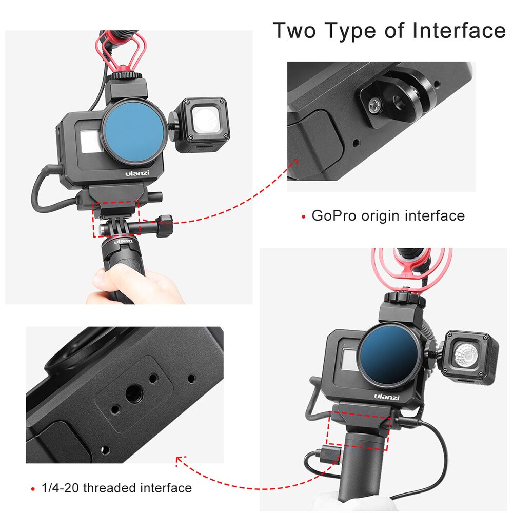 Ulanzi G8-5 caméra d'action vidéo Cage pour GoPro Hero 8 noir Vlog boîtier boîtier en alliage d'aluminium avec double adaptateur de montage de chaussure froide