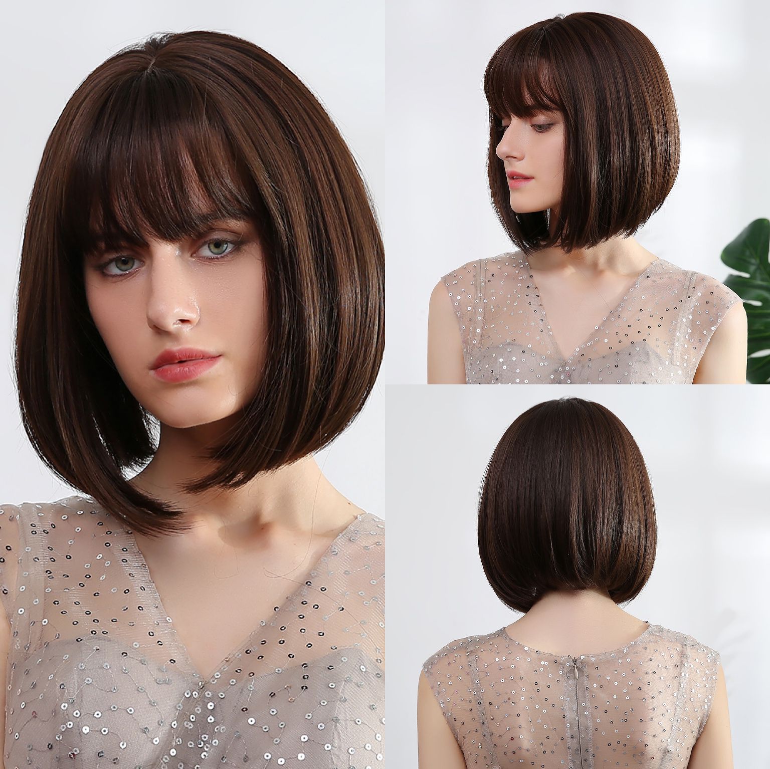 Element Synthetic Short Straight Bob Wigs for White/Black Women Ombre Brown Blonde Cosplay Party or Daily Wigs with Bangs: ss155