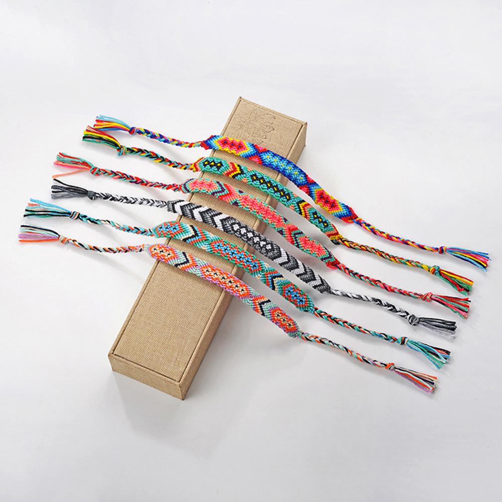 Boho pulseira de tecido artesanal arco-íris sorte amizade pulseiras pulseiras para mulheres boho franja corda trançado jóias presente