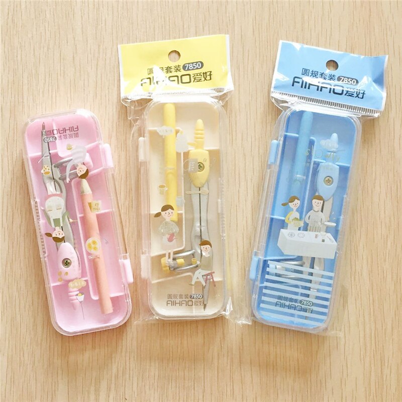 1Box Drawing Compasses Metal Compass with Pencil Chancery Cartoon Compass Love Couple School Drafting Office Supplies Stationery