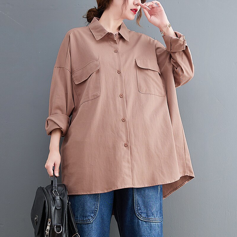 Camisa holgada de algodón de estilo chino para mujer, camisa de manga larga con botonadura única, blusas Vintage para mujer, Tops caqui, amarillo y marrón #9165: brown / XXL(85-100kg)