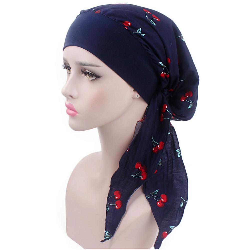 Kvinders kemo hat turban hoved tørklæder forbundet hovedbeklædning bandana elastikbånd blødt: Marineblå kirsebær