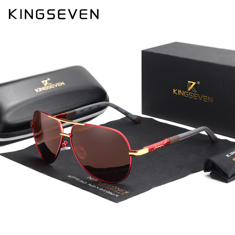 Kingseven mænd vintage aluminium polariserede solbriller klassisk mærke solbriller belægning linse drivende briller til mænd/kvinder: Rødbrun