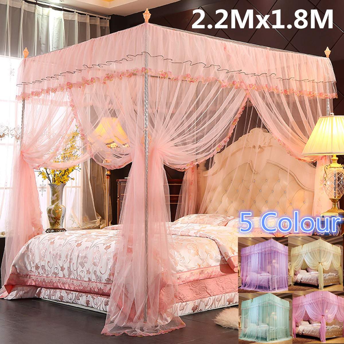 Estilo europeu 4 canto pós cama dossel mosquiteiro rede cheia cama decoração do quarto pendurado valance