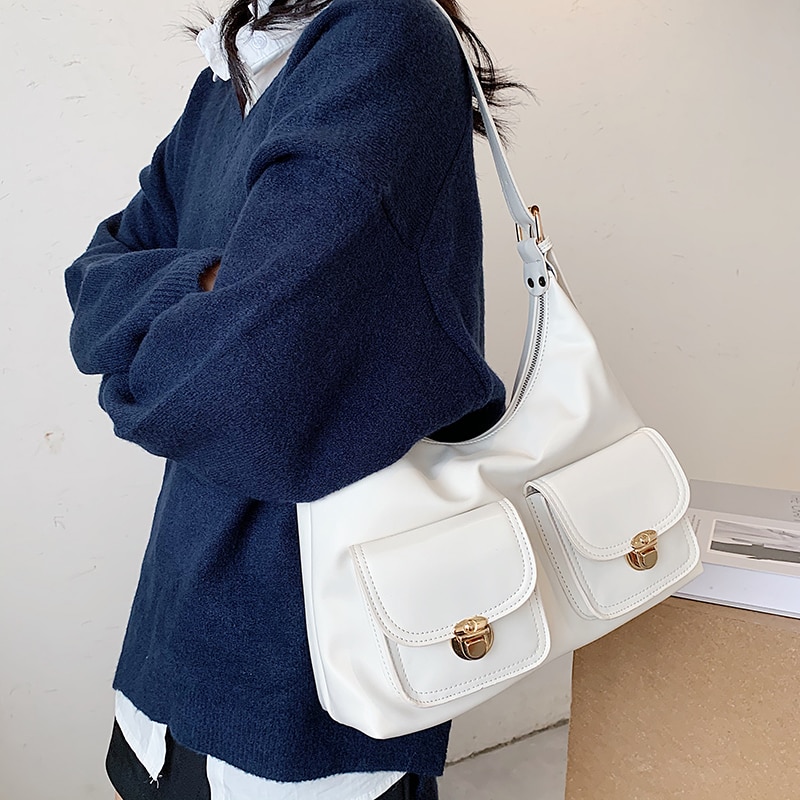Bolso blanco Hobos de de para mujer, Cartera de mano de piel de Color sólido con múltiples bolsillos, bolso de hombro a la de media luna,
