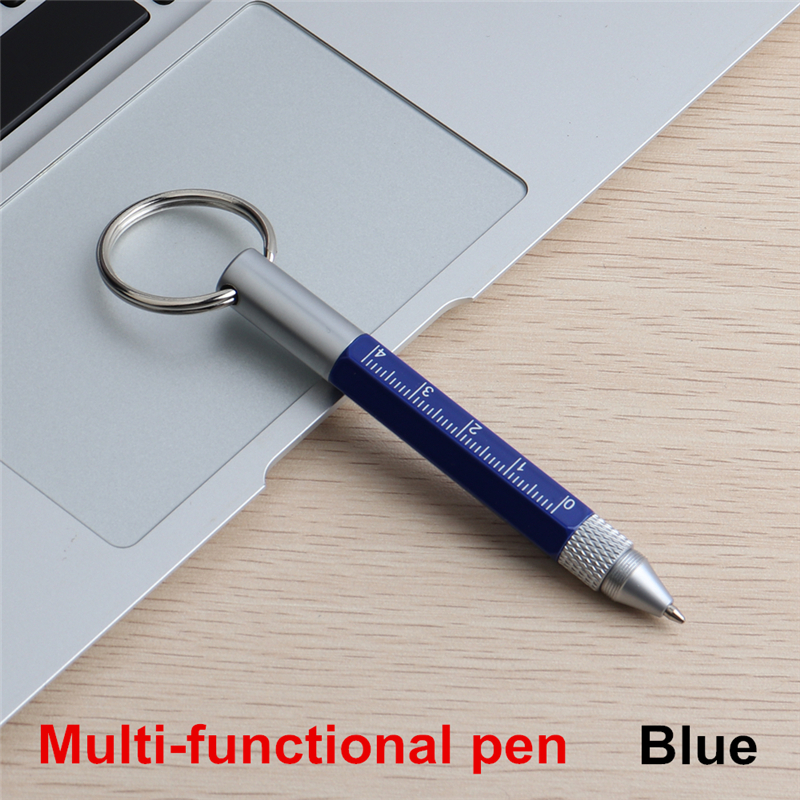 Genkky caneta esferográfica multifuncional, mini caneta esferográfica multifuncional de metal, com ponta esferográfica, jogo de régua, fivelas chaveiro com tinta preta e azul: Blue With Blue Ink