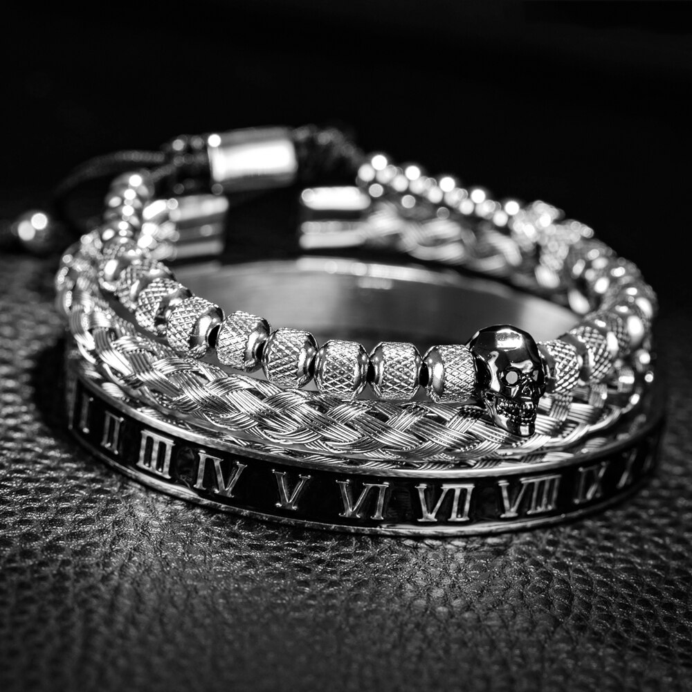Conjunto de 3 unids/set de pulseras de acero inoxidable para hombre, Set de 3 unids/set de brazaletes con de Calavera, Oro Negro, esmalte, número romano, joyería europea para parejas