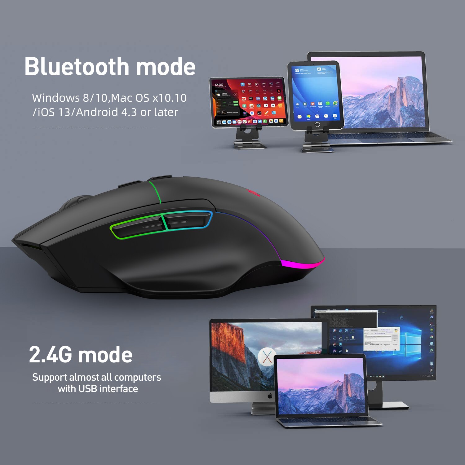 Wireless Gaming Mouse Three mode 2.4G Bluetooth Wire Gamer Mouse For PC Laptop 1600DPI Esport Optical Mice 7 Button RGB Backlit