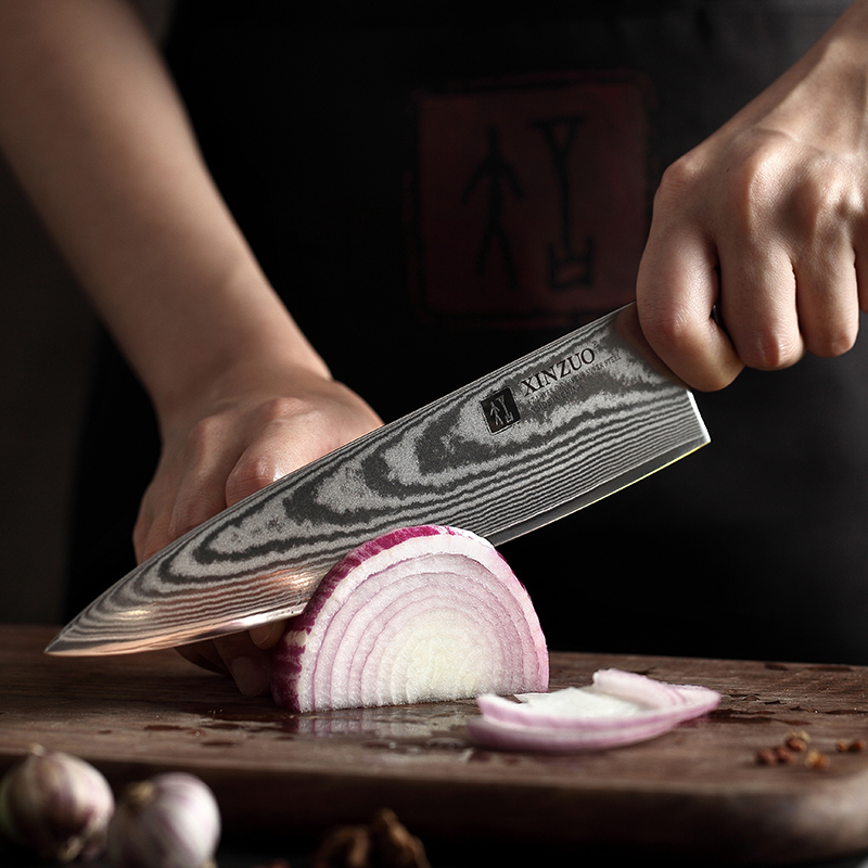 XINZUO couteau de Chef japonais, 8 pouces 67 couches en acier damas Gyuto hachoir à viande, outils de cuisine Santoku avec housse