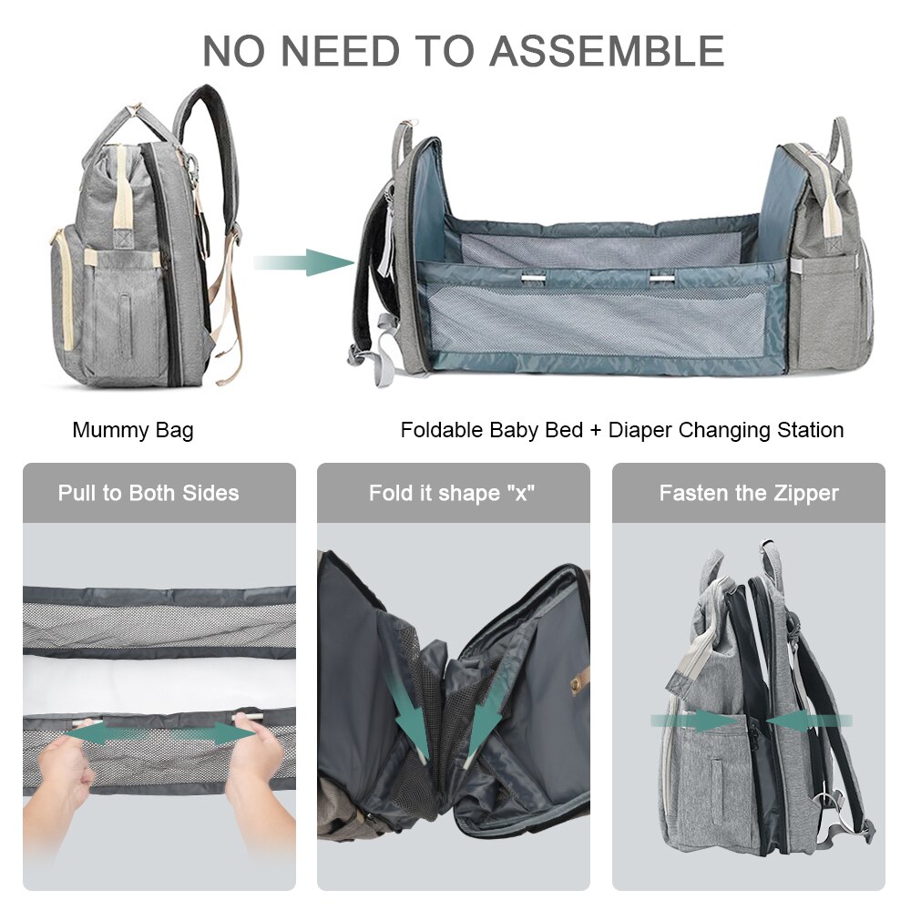 Diaper Bag Multifunctional Mom Baby Folding Bed Rucksack Mom Dads USB Backpack Nursing Handbag Stroller Traveling Knapsack