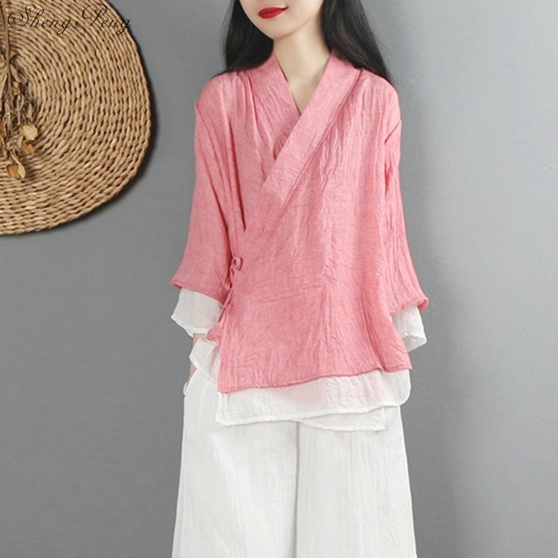 Nueva camisa de lino para mujer, top de estilo chino tradicional, blusas de lino de color sólido, ropa oriental V1475