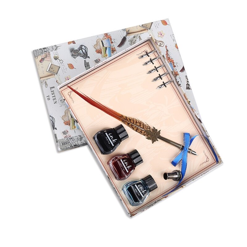 Calligraphy Set Antique Brass Holder 3 Ink Bottle for Beginner Students or Commerce Site 40JB: 5