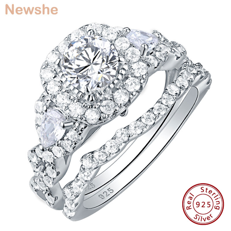 Newshe 2 sztuk pierścionek zaręczynowy ślub zestaw pierścieni dla kobiet 925 Sterling Silver 2.4Ct okrągły gruszka biały Cz rozmiar 4-13