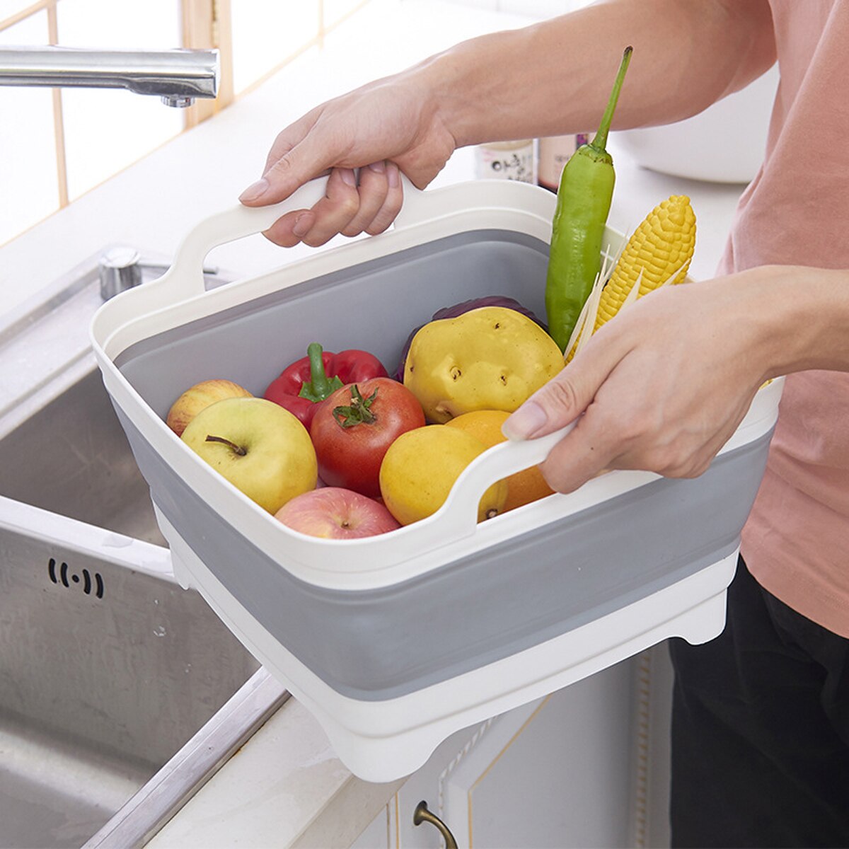 1pc Silicone Dish Tub Collapsible Collapsible Drain Plug Carry Handles Washing Basin Drainer Sink Colander Camping