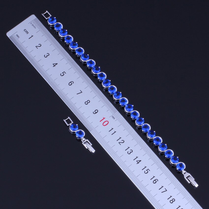 Captivating Round Blue Cubic Zirconia Silver Plated Link Chain Bracelet 18cm 20cm V0217