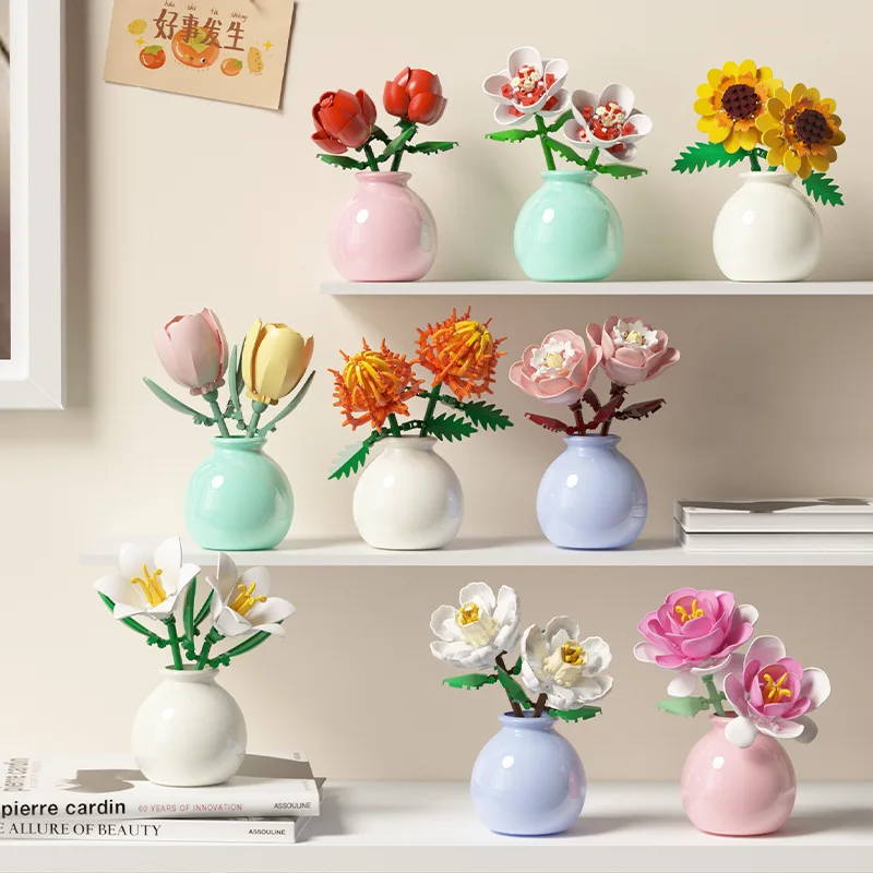 Building block pot plant bouquet of flowers, roses, lily building blocks, toys with flower pots, cute living room ornaments
