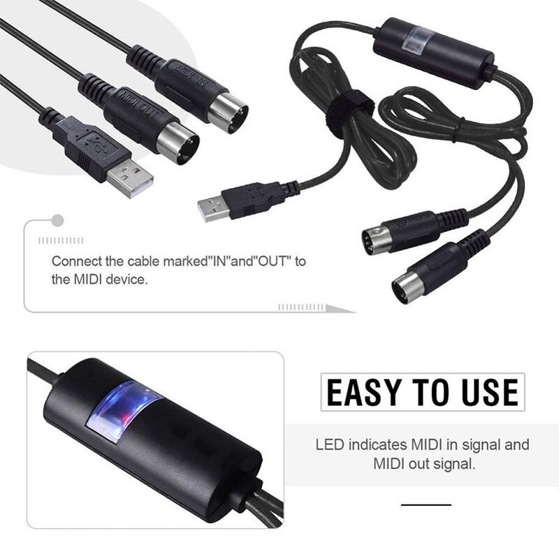 Electric Piano Drum USB to 2 MIDI Interface Adapter Cable Converter for PC Music Keyboard Synth Adapter Windows iOS 2 Meters