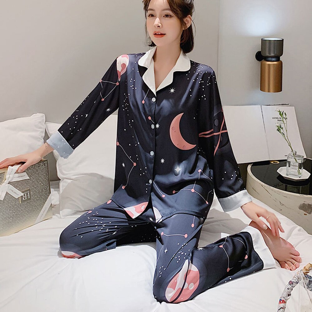 ChunShang Pajamas Women Summer Thin Ice And Snow Silk Long-Sleeved Two-Piece Letter Home Service Suit