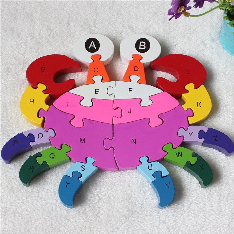 Di legno 3D Puzzle Giocattoli Educativi Animali Elefante Mucca Dinosauro Puzzle Di Legno Giocattoli Per Bambini Numeri Alfabetico Lettere di Apprendimento Giocattoli: Crab