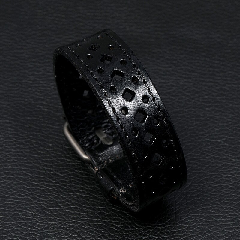 Pulseira de couro para homens, bracelete tipo punk vintage com envoltório ajustável: Black