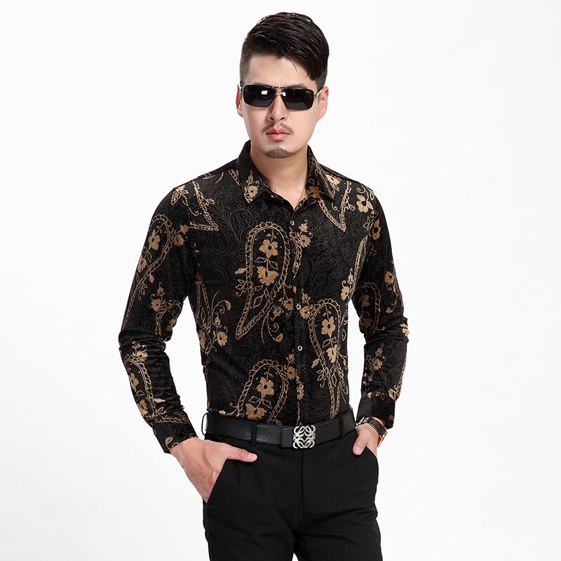 Zijden overhemden gouden fluwelen herenoverhemden lente herfst zijden fluwelen herenoverhemden met bloemen slim fit zeer goed