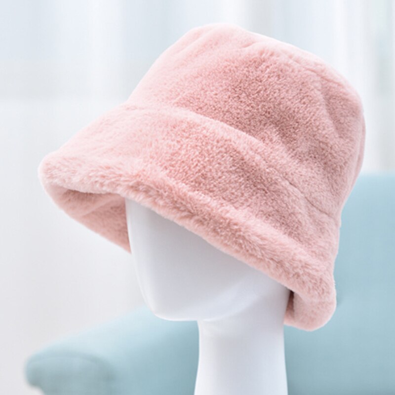 Chique dames hoeden winter reizen gorros pluche imitatiebont brede rand dik warm effen koud emmer pet hoofdaccessoires: Roze