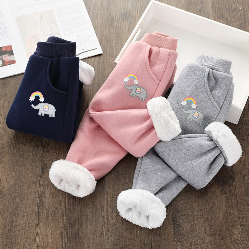 lässig Winter Hosen mit Pelz Baby Mädchen Jungen verlieren Hosen Baumwolle lässig Kleinkind Gedruckt Regenbogen Sport Schlauch Elastische Schlauch