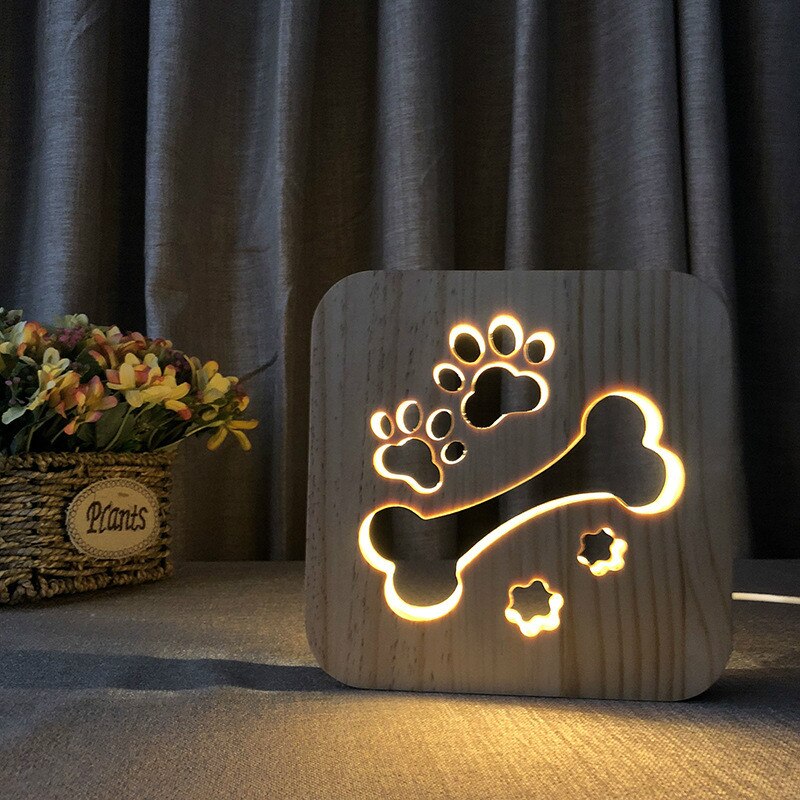 LED USB Night Light Wooden Dog Paw Cat Wolf Head Animal Lamp Novelty Kid Bedroom 3D Decoration Table Lights Child: B